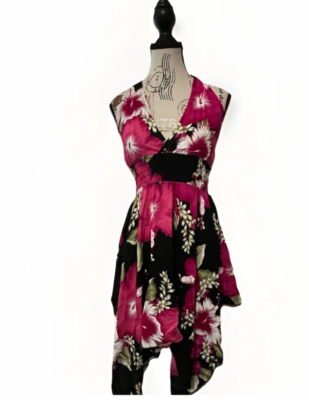 Advance Brand Y2K Hibiscus Tropical Floral Halter Dress Black Pink High Low Hem
